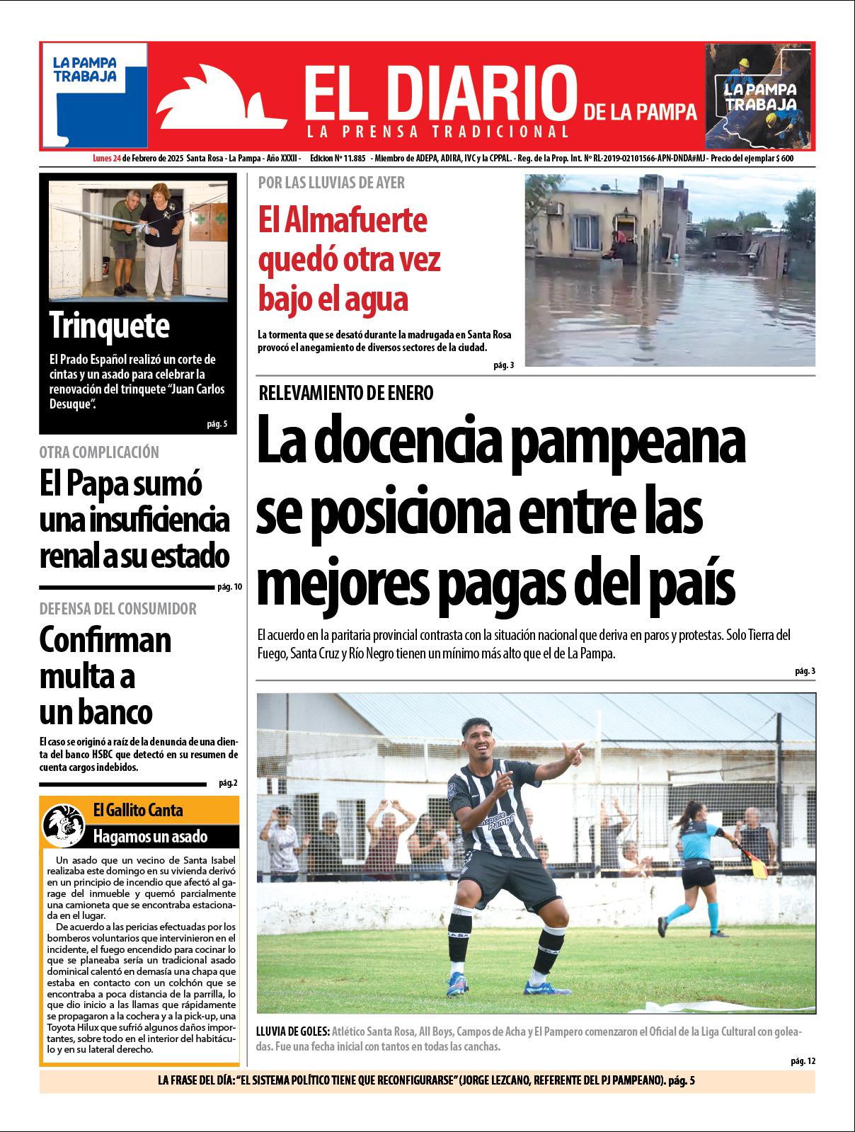 Tapa de El Diario en papel  lunes 24 de febrero de 2025